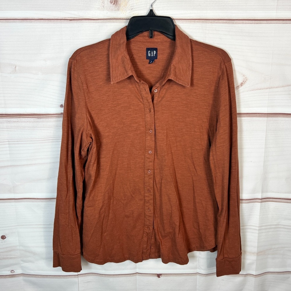 Gap Top Womens Large Brown Button Up Shirt Knit Long Sleeve Collared Solid Basic